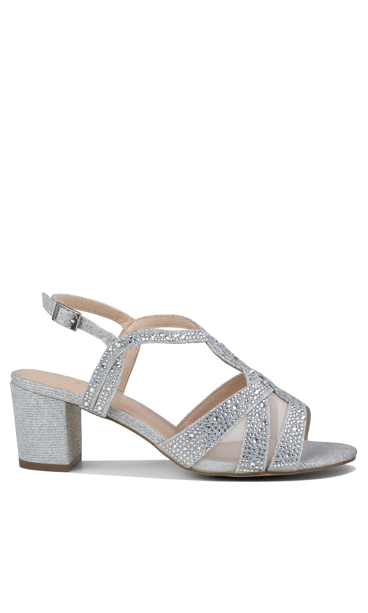 The Nadia Silver Prom Shoes (Paradox London P2208) feature an open toe, low block heels, mesh panels, rhinestone straps for sparkle, and a secure ankle buckle closure.